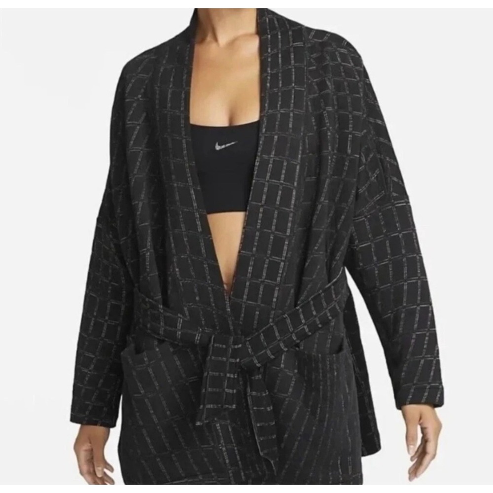 Nike Yoga Kimono Wrap Jacket Womens XL Black Grid Tie Waist Pockets Loungewear